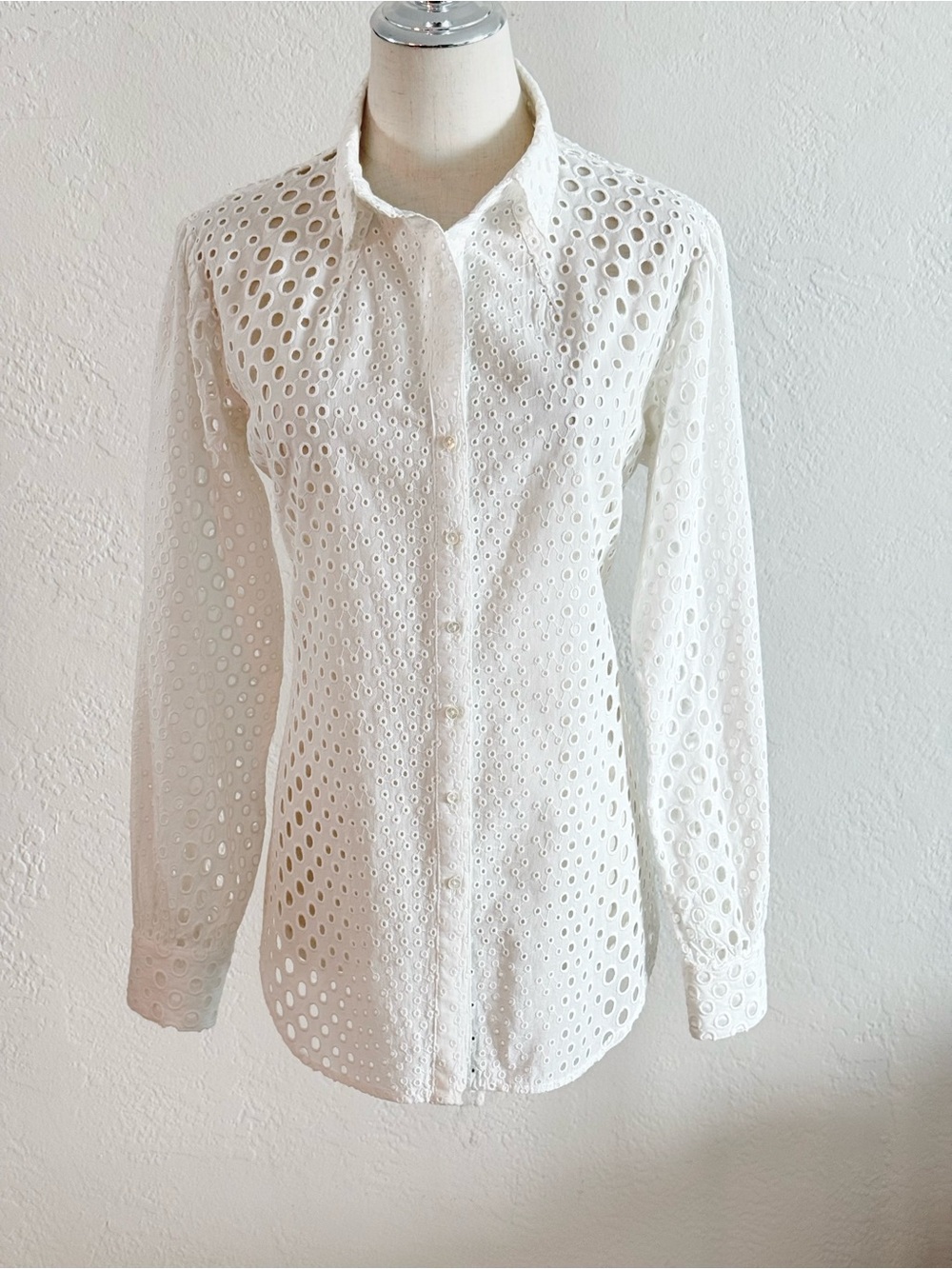 Nicole Miller Artelier White Pleated Puff Sleeve Eyelet Blouse M Cotton Boho - Picture 7 of 15
